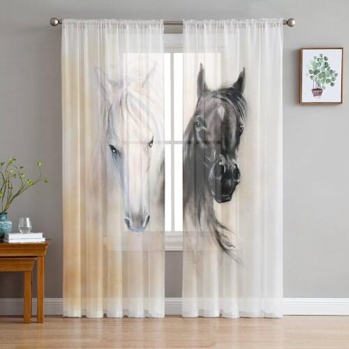 Black White Horse Watercolor Painting Modern Tulle Curtains for Living Room Bedroom Home Kitchen Window Sheer Curtains