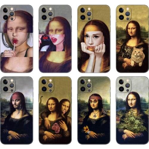 Black tpu case for iphone 5 5s se 2020 6 6s 7 8 plus x 10 XR XS 11 12 mini pro MAX back cover mona lisa Pattern