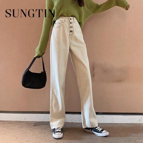 Sungtin Korean High Waist White Wide Leg Jeans Women Loose Vintage Denim Pants Casual Straight Trousers Streetwear BF Pants 2021