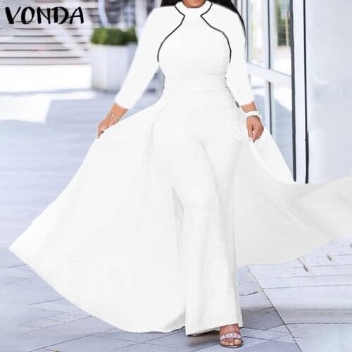 Elegant Party Jumpsuits 2021 VONDA Women Trousers Vintage Wide Leg Long Palazzo Pants Sexy Long Sleeve Playsuits Pantalon Femme