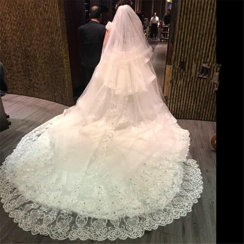 Wedding Veils Long Big Lace Edge Sequins Applique Two-Layer Face-Covered Luxurious Bridal Veil With Comb 3.8Meters White/Ivory