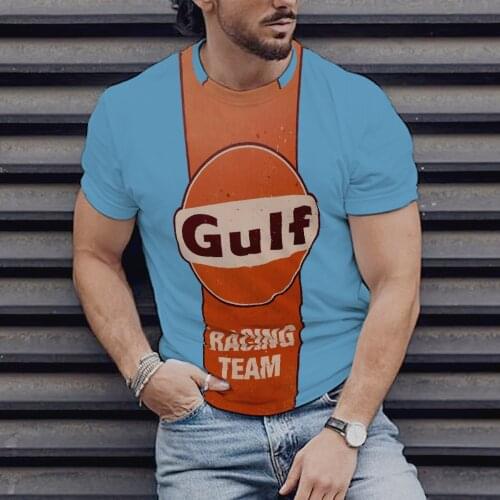 New Vintage T Shirt Men Gulf Oil Print Short Sleeve Streetwear Men T-shirt Fashion O-Neck Pullover Loose Top Oversize Clothing
