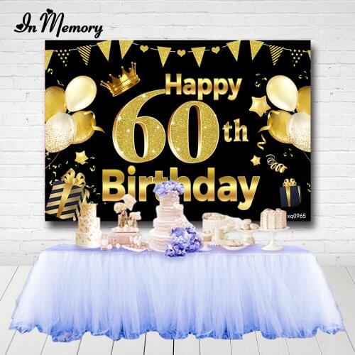 InMemory Black Gold Glitter Adult Happy 40th 50th 60th Birthday Party Background For Photo Studio Crown Balloons Backdrop Custom