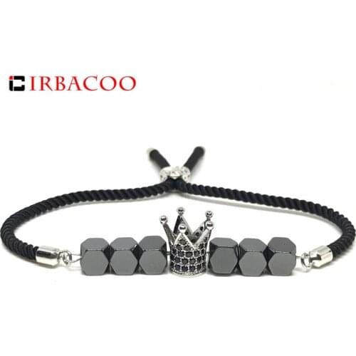 IRBACOO 2020 New Fashion Men Bracelet CZ Crown Charm With Hematite Stone Lucky Cord For Men Jewelry Gift