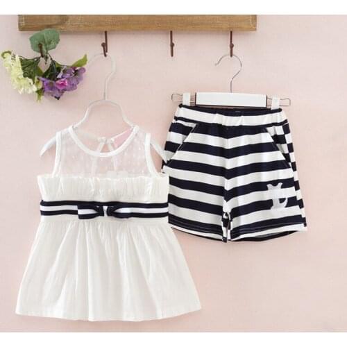 Girls Clothing Sets New Summer Fashion kids sailor suit girls mesh T-Shirts+stripe shorts 2Pcs set toddler casual outfit 2017