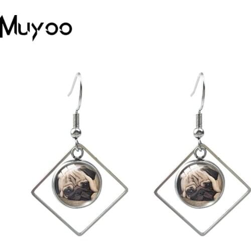 Cute Pug Poodle Dog and Flower Art Printed Glass Dome Rhombus Earrings Lovely Bulldog Jewelry Handmade Fish Hook Earrings