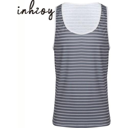 Men Summer Vests Striped Sleeveless Tank Tops Gray Singlets Gym Clothing Sleep Lounge Tops