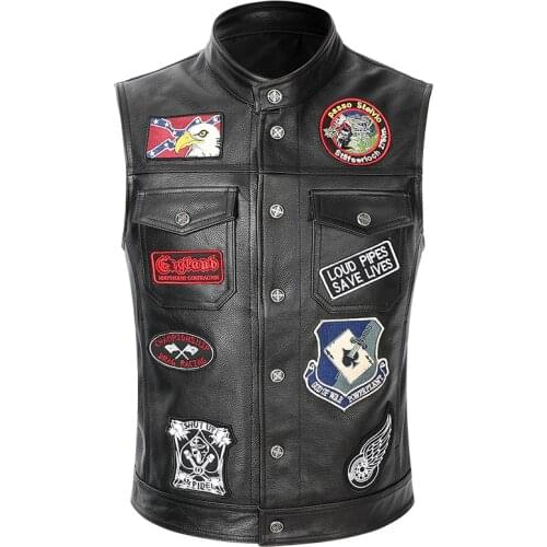 Motorcycle Mens SOA Biker Real Vest Genuine Leather Cowhide Waistcoat Multiple badges Patch Sleeveless Motorbike Jacket
