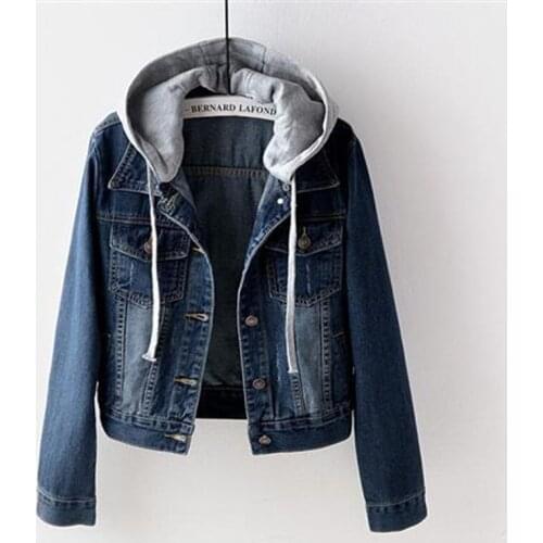 Casual Vintage Short Coats Plus Size Spring Autumn Korea Fashion Women Long Sleeve Hooded Blue Denim Jacket All-Matched