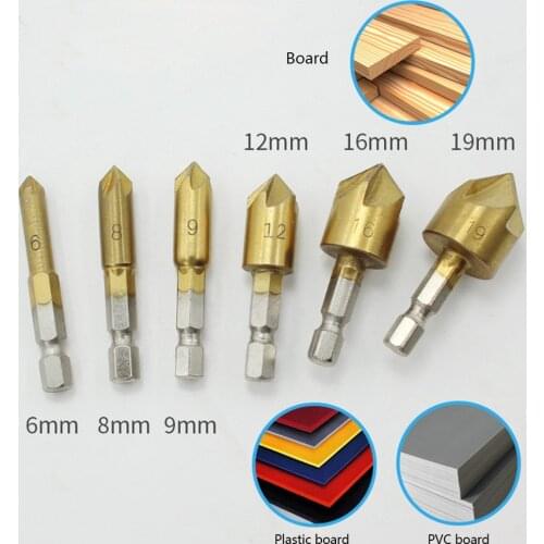 6PCS 5 Flute Countersink Drill Bit Set 90 Degree 1/4" High Speed Steel Counter Sink Chamfer Cutter DIY Power Tools