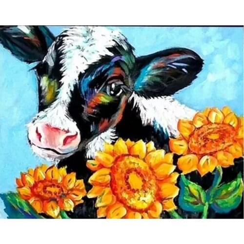 Full Diamond Painting Cross Stitch Mosaic Cartoon color Cow 5D Diy Square Round Stone Bead Drill 3d Embroidery Rhinestone flower