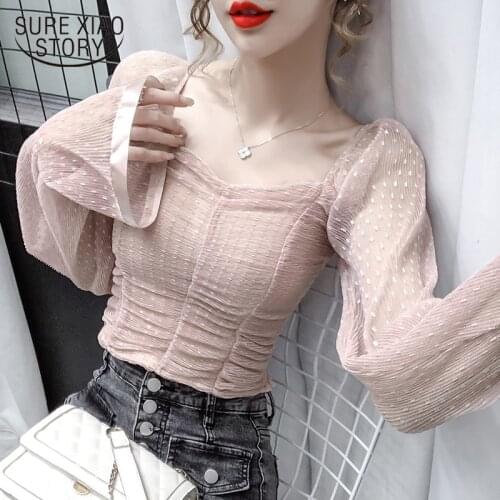 Casual Short Sexy White Shirts Women Vintage Puff Sleeve Top Femme Square Collar Pleated Chiffon Blouse Women New Arrivals 12071