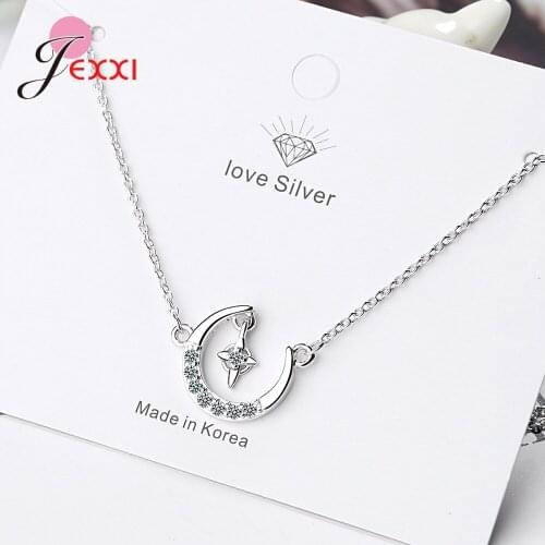 S925 Sterling Silver Necklaces Jewelry for Women Girl Valentines Gift Austrian Crystal Paved Moon Star Pendant Choker Collar