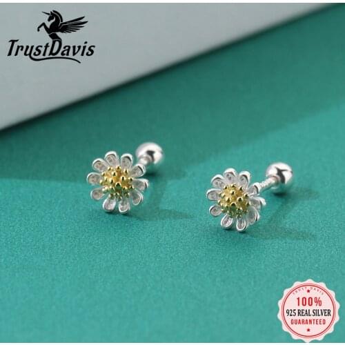 TrustDavis Real 925 Sterling Silver Fashion Daisy Flowers Screw Stud Earrings For Women Wedding Valentines Day Jewelry DS543