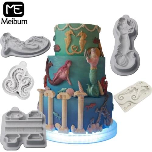 Meibum Sea Theme Cake Decorating Fondant Silicone Mold Mermaid Neptune Columns Mould Paste Craft Dessert Baking Pastry Form