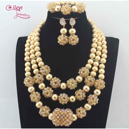 Fabulous Champagne Crystal Balls Wedding Jewelry Set Gold Bridal Indian Jewellery Necklace Set New 2017 Free Shipping N0071