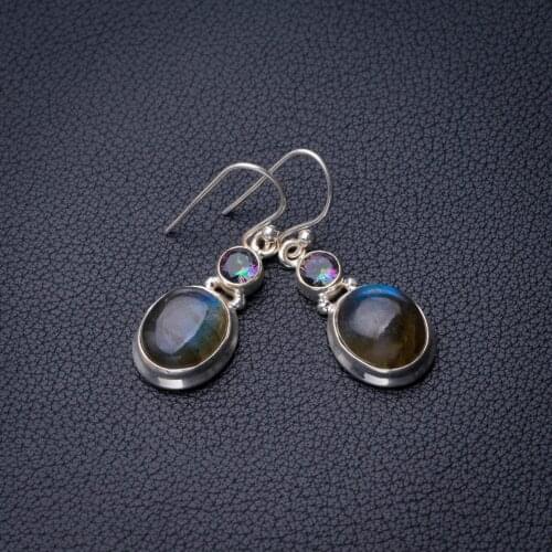 StarGems Natural Blue Fire Labradorite And Mystical Topaz Handmade 925 Sterling Silver Earrings 1.25" D7726