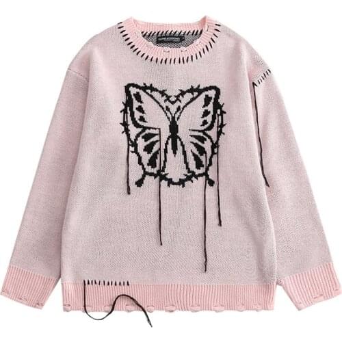 Harajuku Knitted Ripped Sweaters Men Hip-Hop Butterfly Printed Sweater Streetwear Male Autumn Hole Loose Pullovers Pull Homme
