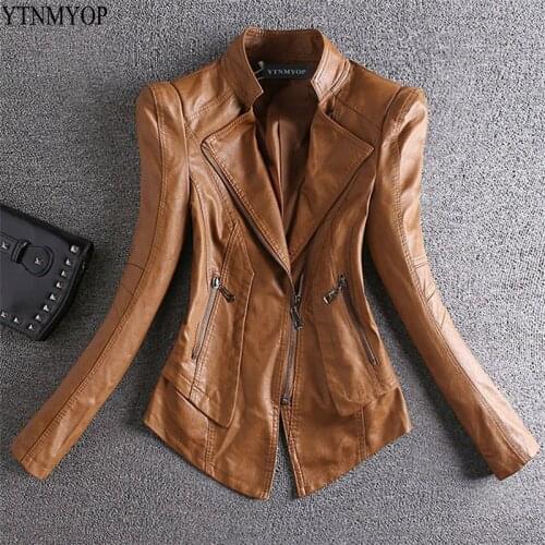 YTNMYOP Slim Casual Leather Women Jacket Khaki Spring Leather Clothing Female Long Sleeve Stand Collar Zipper Leather Coat