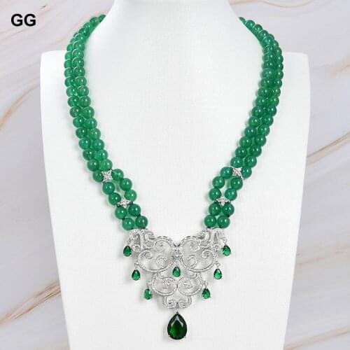 GuaiGuai Jewelry Natural Stone 18" Round Green Jade Necklace Cubic Zirconia Pave Pendant