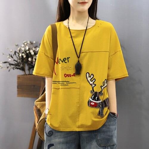 ASEF5941 Summer Women T-Shits Hole Cartoon Letter Sika Deer Embroidery Patchwork Thin Half Sleeve Korean Style Loose Female Tees