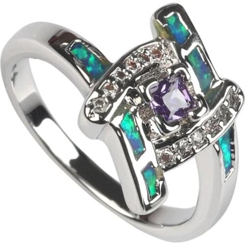 Fleure Esme Fashion vintage Wedding rings Jewelry for women Fancy Purple Cubic Zirconia and bule opal Rhodium Plated R607 size 7