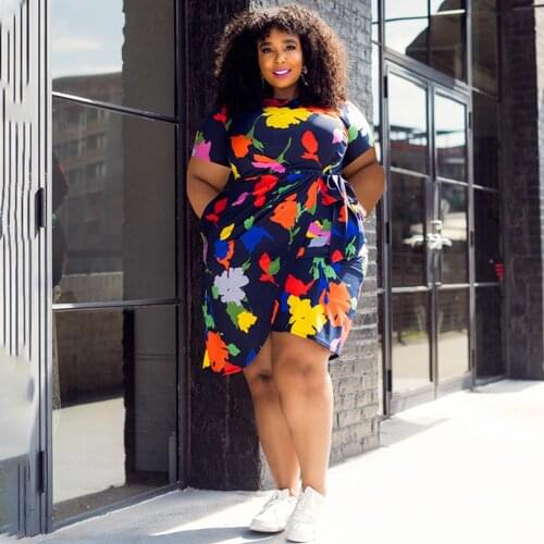 XL-5XL Plus Size Floral Print Bandage Mini Dress Woman Short Sleeve Round Neck Oversized Dress Office Lady Front Split Vestidos