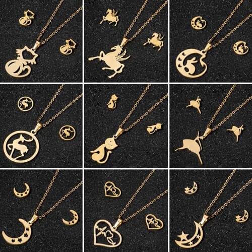 Gold Stainless Steel Jewelry Set for Women Cute Kitten Cat Deer Rabbit Moon Horse Pendant Necklace Animal Stud Earrings Collier