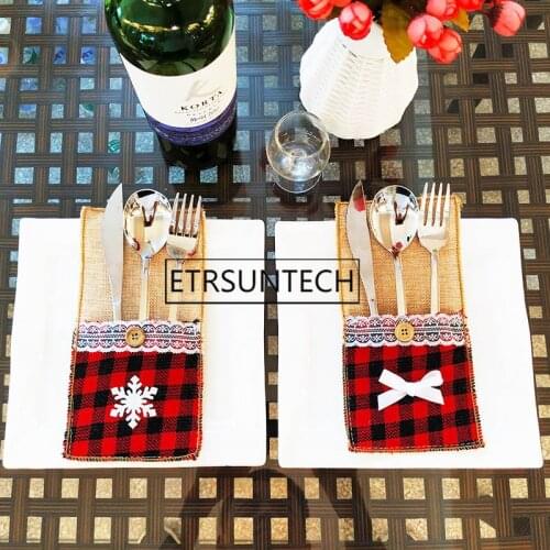 200pcs Christmas Linen Lace Cutlery Tableware Silverware Holder Dinner Table Decoration Knife And Forks Cover Xmas Ornament
