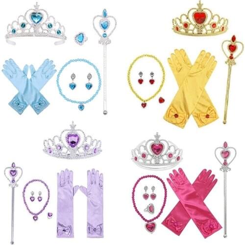4 5 6 7pcs/lot Baby Girls Princess Dress Accessories Jewelry Set Crown Necklace Ring Earring Wand Gloves Play Fashion Toys