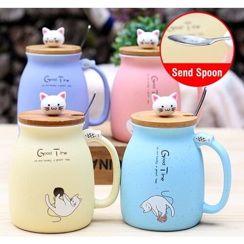 450ml Cartoon Ceramics Cat Mug With Lid and Spoon Coffee Milk Tea Mugs Breakfast Cup Drinkware Novelty Gifts Dropshiping