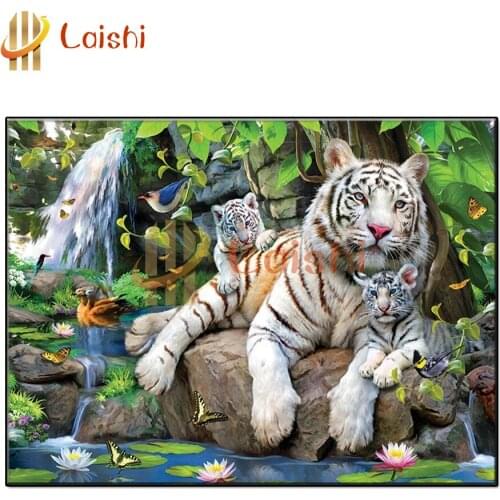 5d photo Round Diamond Painting Natural forest scenery, white tiger family Full Drill Square Home Decor Handmade Embroidery Gift