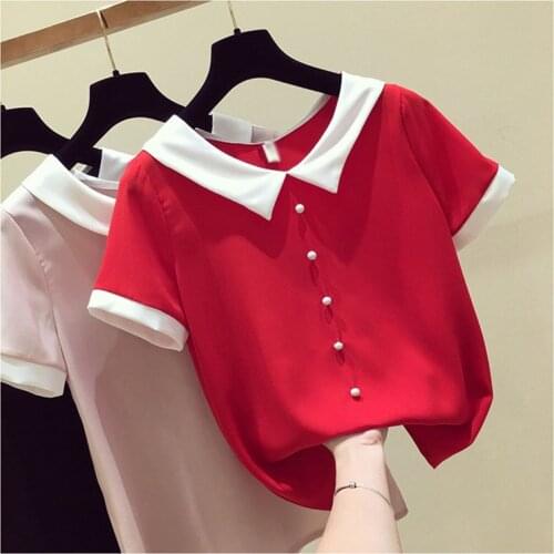 2021 Spring Summer Chiffon Blouses Women Cute Peter Pan Collar Shirts Lady Short Sleeve Beading Tops Plus Size 3XL Blusas