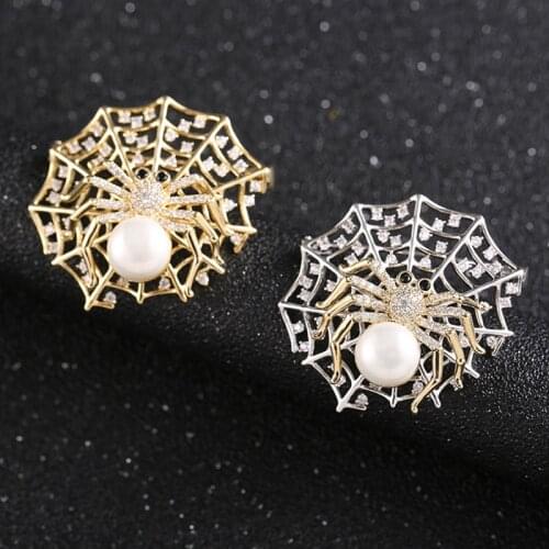 OKILY 2020 Vivid Spider Brooches with Pearl Fashion Jewelry Rhinestone Cubic Zirconias Brooch for Women Spider Web Brooch Pin