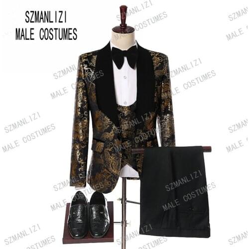 Drop Shipping 2019 Brand Black Velvet Gold Floral Printed Formal Wedding Blazer Suit Prom Groom Tuxedos 3 Piece Terno Mens Suits