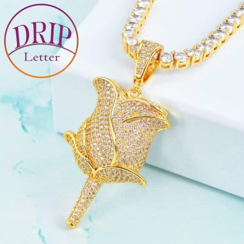 Flower Petals Pendant Gold Color Iced Cubic Zircon Necklace Mens Hip Hop Jewelry