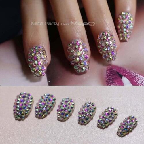 Coffin fake nails Medium length DIY AB rhinestone Bling Nail Art False nail Full Diamond Finished product 1pcs high quality