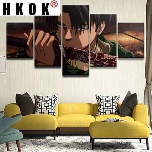 HKOK 5 Panels Canvas Print Painting Animal Charactors Hold the Sword Attack Posters Wall Art Room Modular Pictures Home Decor