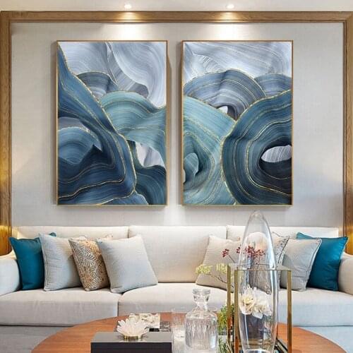Nordic Style Abstract Gold Foil Blue Canvas Prints Posters Paintings Picture Wall Art for Living Room Bedroom Home Decoration