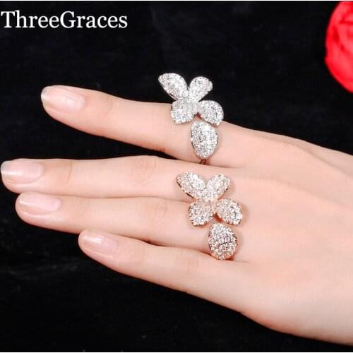 Threegraces Elegant Cubic Zirconia Pave Setting Unique Flower Open Adjustable Finger Ring Jewelry for Women Dancing Party RG006