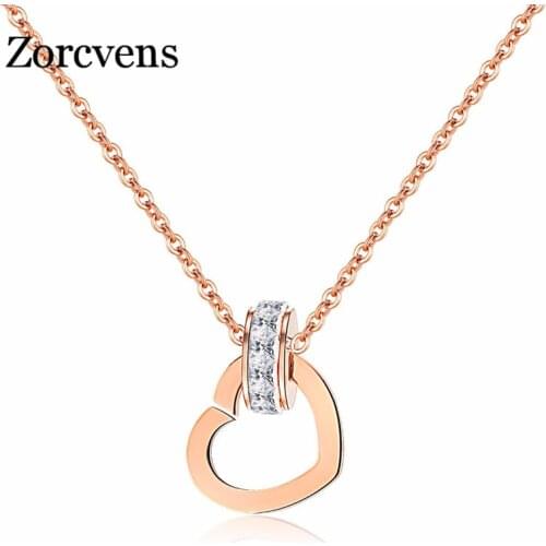 ZORCVENS Womens Cubic Zirconia Necklaces Love Heart Pendants & Necklaces Rose Gold Color Stainless Steel Female Jewelry Gift