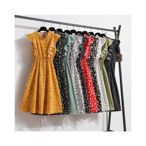 Womens Chiffon O Neck Ruffled Sleeveless Elegant Dress Female Elastic Waist Floral Loose And Versatile Street Summer Mini Dress