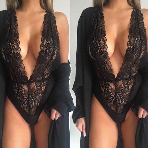 Sexy Body Suits for Women Black Lace Deep V Hollow Hot Erotic Crotchlace Bodysuits Lengerie Femenina Underwear Plus Size Lingere