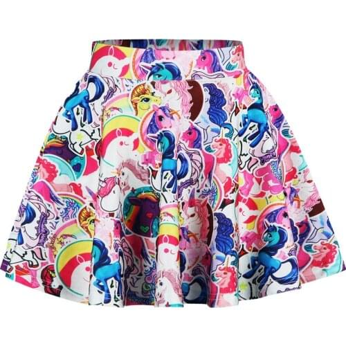 Girls Elastic Waist 3D Digital Print Colorful Horses Mixed Fashion Blue Summer Ball Gown Skirts Big Girls Summer Skirts