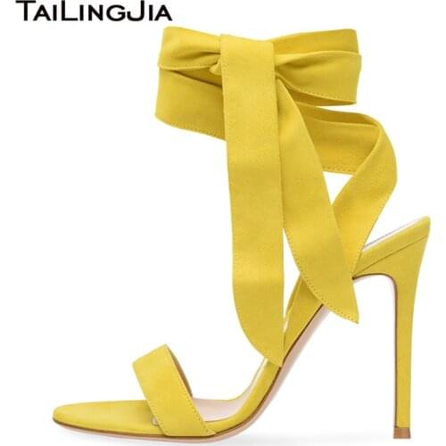 Yellow Strappy High Heels for Women Heeled Sandals for Ladies Open Toe Stiletto Heel Sandal Summer Ankle Wrapped Cute Shoes 2019