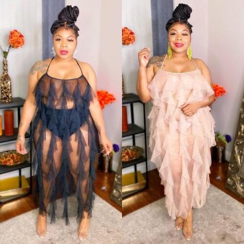 Pure Black Pink Ruffles Sheer Mesh Patchwork Summer Dresses For Women 2021 Fashion Wholesale Plus Size Clothing Party Dress