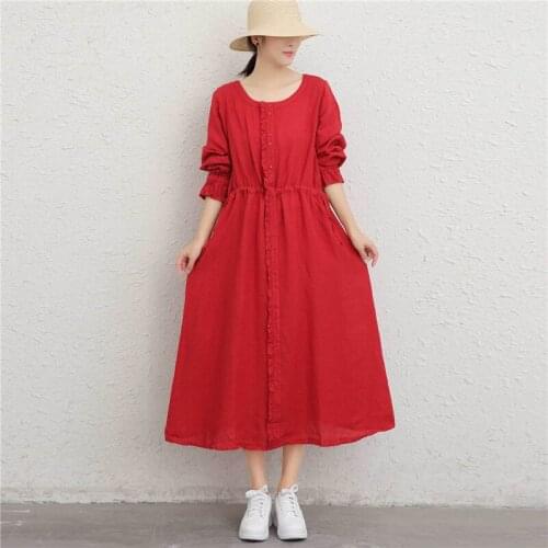 FairyNatural Retro Ladies Linen Loose Dresses Solid Color O Neck Long Sleeve Single Breasted Tie Women 2021 Spring Fall Dress