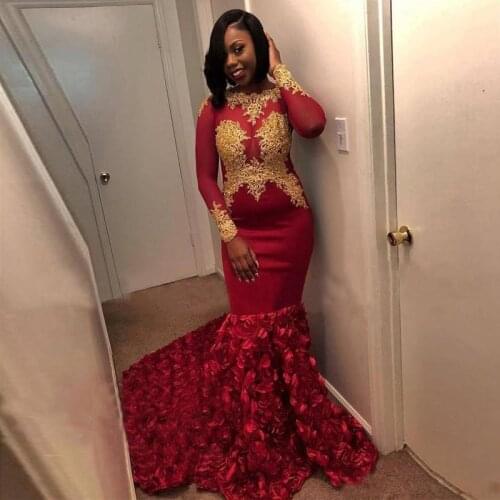 Gold Lace African Prom Dresses O-neck Long Sleeve Elastic Satin Party Gowns 3D Flower Black Girls Womens Special Occasion Dress