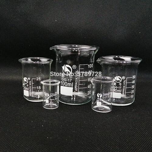 1Set 5/10/25/50/100ml Beaker Measuring Glass Beaker Lab Borosilicate Glassware Chemistry Learning Stationery Lab Supplies