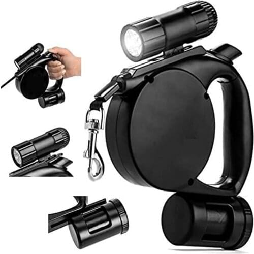 3 in 1 Retractable Dog Leash (LED Light+Poop-Bag) Extendable Dog Rope Adjustable 15 Foot Leashes for All ages Dogs